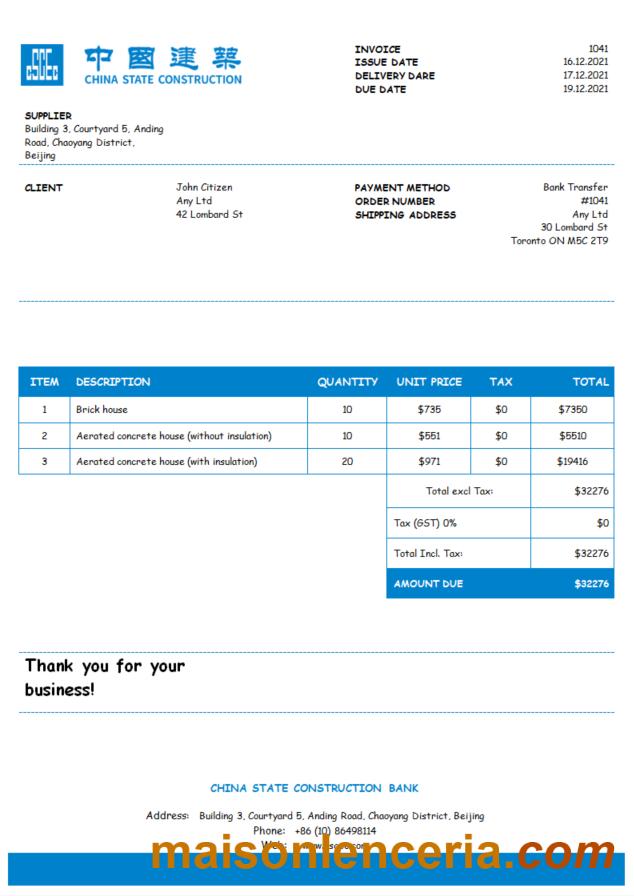 USA China Construction Bank faktura słowo i szablon PDF